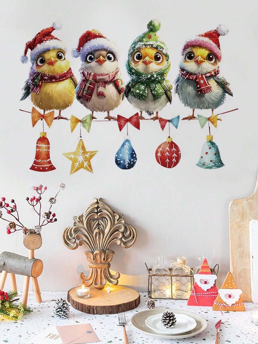 1pc Christmas 4 Birds With Santa Hats Bell Wall Decor Sticker, Removable Holiday Room Decoration For Bedroom, Living Room, Entryway - 1PC - View 1
