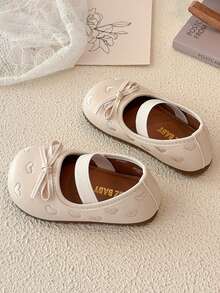 Girls' Heart Embroidery Bow Mary Jane Shoes, Spring/Autumn Soft Sole Non-Slip Baby Princess Shoes, Girls' Elastic Band Shoes - Beige - View 4