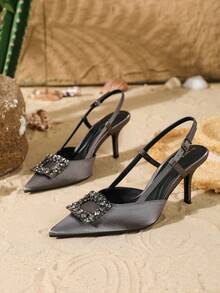 On feet& in love Women's Fashion Elegant Pointed Toe Square Buckle Rhinestone Closed Toe Slingback High Heel Pumps, Versatile For Commute, Party, Wedding - Dark Grey - View 5