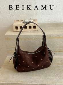 1pc Fashion Polka Dot Crescent Bag, Zipper Closure Suede PU Patchwork Vintage Style Shoulder Bag, Adjustable Strap Crossbody Bag, Suitable For College, Commuting, Shopping, Street Wear, Daily Use - Coffee - View 5