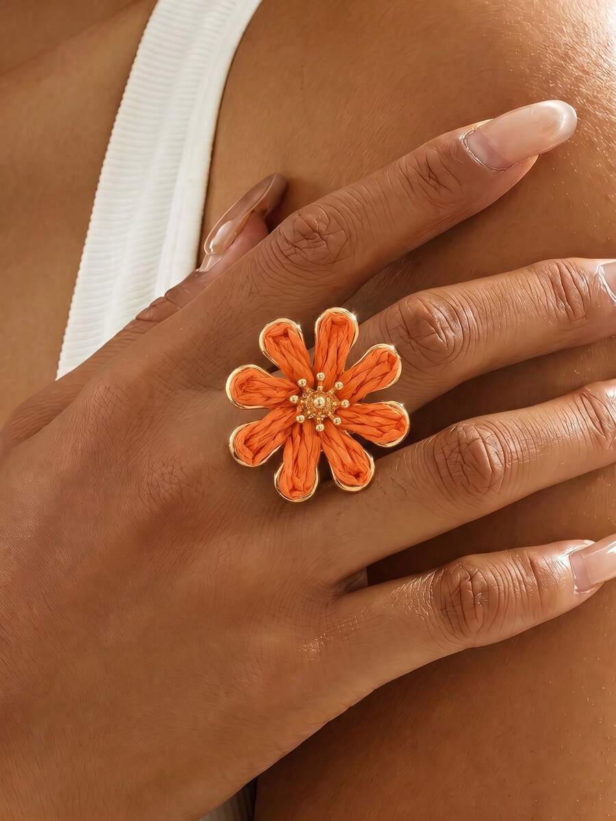 1pc Bohemian Vacation Style Raffia Orange Flower Ring, Suitable For Women Beach Outings, Daily Outfit Matching, Versatile Accessory - Orange - View 1