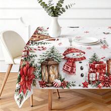 1pc Christmas Tablecloth, Christmas Snowman Gingerbread House Red Pine Branch Print Pattern, Single-Sided Print, Suitable For Tabletop, Washable And Reusable, Suitable For Indoor, Outdoor, Yard, Wedding, Banquet, Party, Outdoor Dining, Craft Exhibition, Banquet Event Decoration - Multicolor - View 2