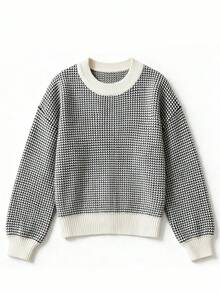 SEREN Women's Versatile Black & White Contrast Waffle Knit Sweater, Loose Fit Slenderizing Lantern Sleeve Knit Top, Suitable For Autumn/Winter - Black and White - View 6