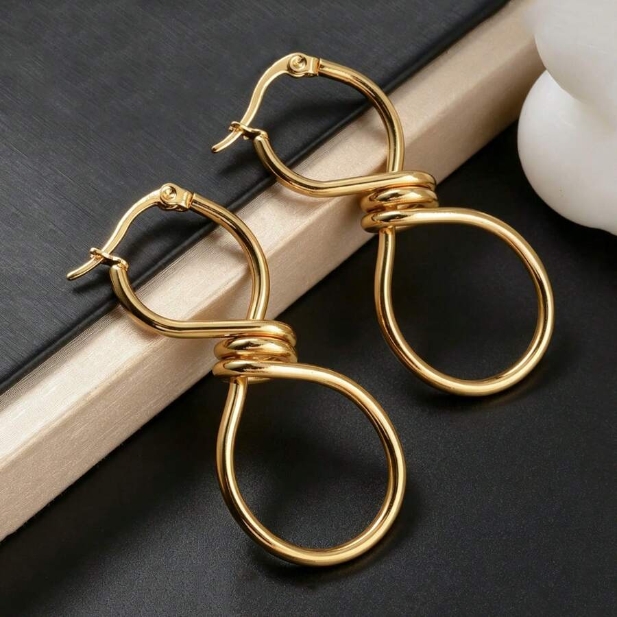 18K Gold Geometric Twisted Infinity Symbol Earrings, Fashionable Daily Wear For Women - Gold - View 1