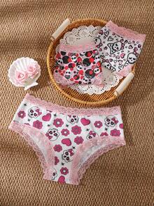 3pcs/Pack Sweet & Cool Skull Heart Floral Print Women's Triangle Panties, Pink Lace Waistband & Leg Openings, Unique Subculture Style, Soft & Smooth Fitted Girls Triangle Panties - Multicolor - View 3