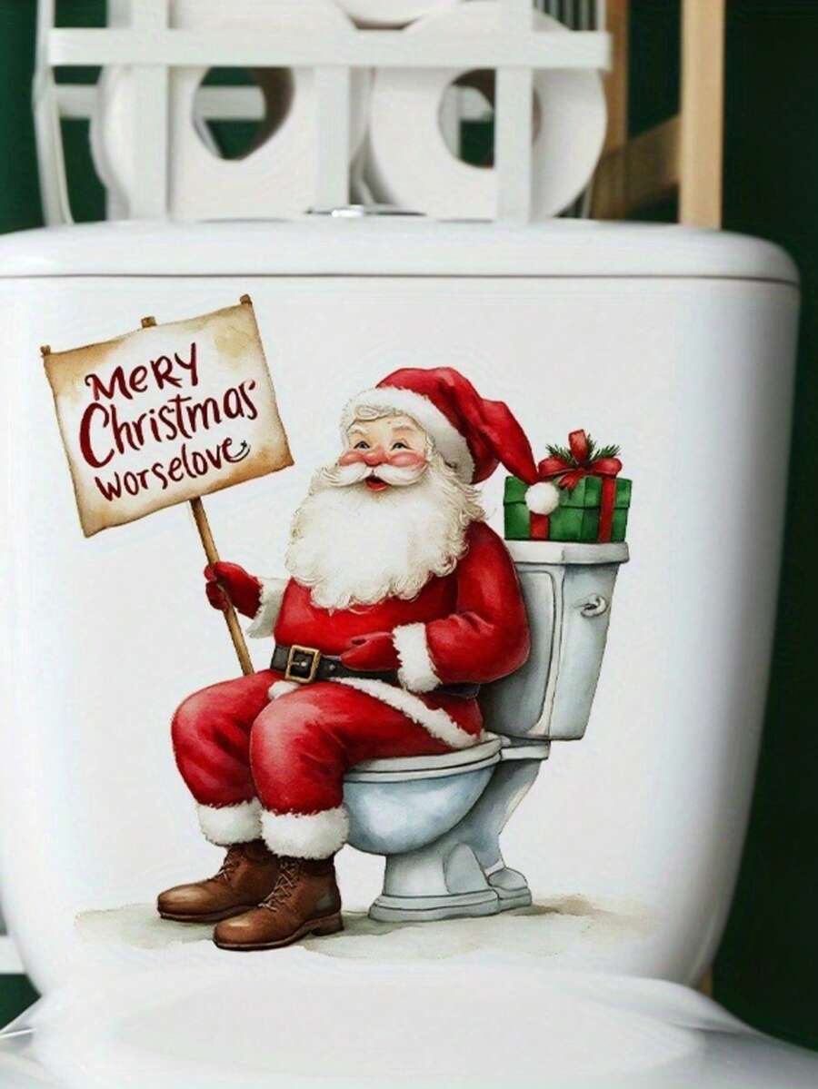 1 miếng nhãn dán bồn cầu họa tiết Giáng Sinh vui nhộn hình ông già Noel tinh nghịch, miếng dán nắp bồn cầu PVC tự dính sáng tạo, nâng cấp trang trí phòng tắm dễ dàng, quà tặng bất ngờ ngày lễ, quà nhỏ Giáng Sinh hài hước - A - Xem 1