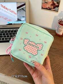 1pc/4pcs Pastoral Style Nylon Square Storage Bag, Plaid Embroidered Letter Pattern, Drawstring Wrist Strap, Zipper Closure, Portable Makeup Bag, Sanitary Napkin Storage Bag, Suitable For Daily Outings, Outdoor Travel, Spring And Autumn Daily Use,Travel Essential - Multicolor - View 13