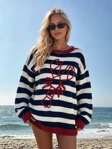 Sweater Pullover Wanita Bergaris Motif Lobster Gaya Preppy, Atasan Rajut Lengan Panjang Potongan Reguler dengan Kerah Bulat - MultiWarna - View 1