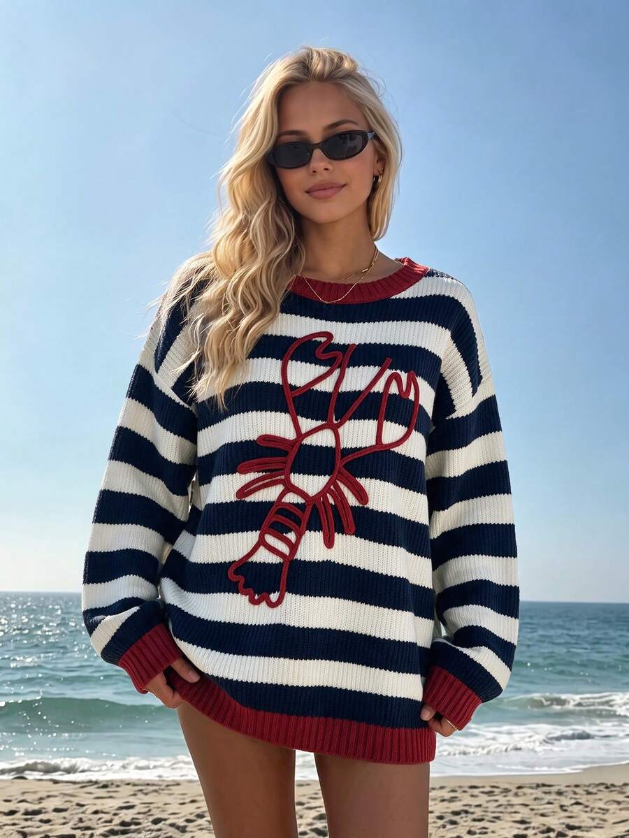 Sweater Pullover Wanita Bergaris Motif Lobster Gaya Preppy, Atasan Rajut Lengan Panjang Potongan Reguler dengan Kerah Bulat - MultiWarna - View 1