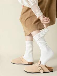 1/2/3/4 Pairs White Women Ribbed Slouchy Scrunch Mid Calf Tube Skate Socks, Solid Loose Cuff Stackable Crew Socks Teen Girls Vintage Street Style - Multicolor - View 2