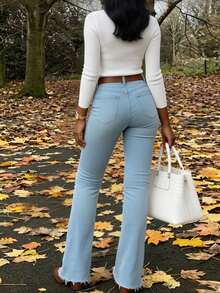 Women's Flared Jeans, Distressed Frayed Hem Personalized Denim Pants, Stretch Comfortable Commuter Style - Blue - View 5