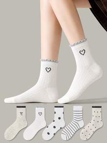 ZUJO 5 Pairs Gray And White Women's Mid-Calf Socks, Bow, Polka Dot, Stripe, Heart Pattern Short Socks, Simple And Comfortable, Suitable For Spring, Autumn, Winter Wear, Random Color Shipment - Multicolor - View 1