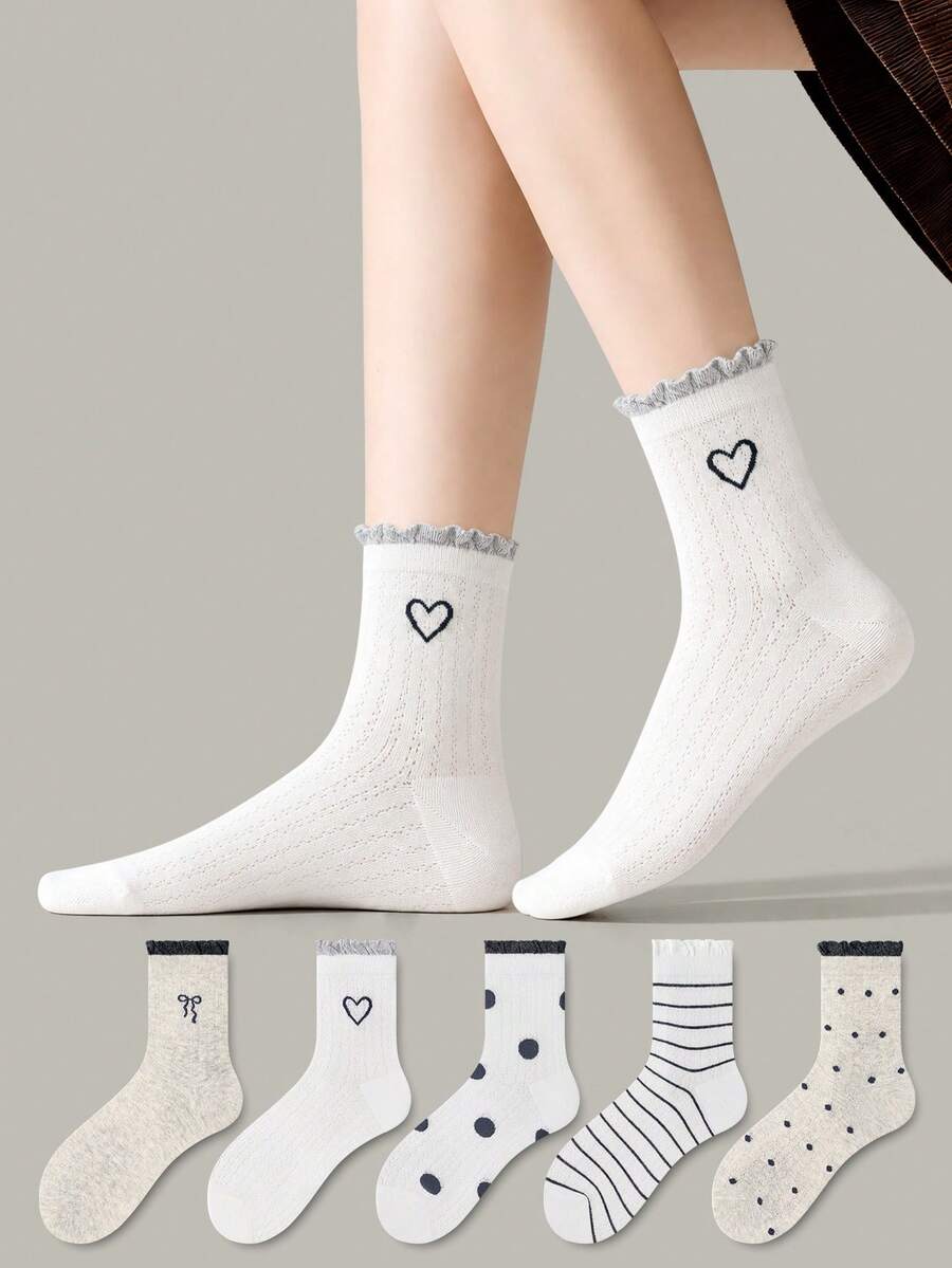 ZUJO 5 Pairs Gray And White Women's Mid-Calf Socks, Bow, Polka Dot, Stripe, Heart Pattern Short Socks, Simple And Comfortable, Suitable For Spring, Autumn, Winter Wear, Random Color Shipment - Multicolor - View 1