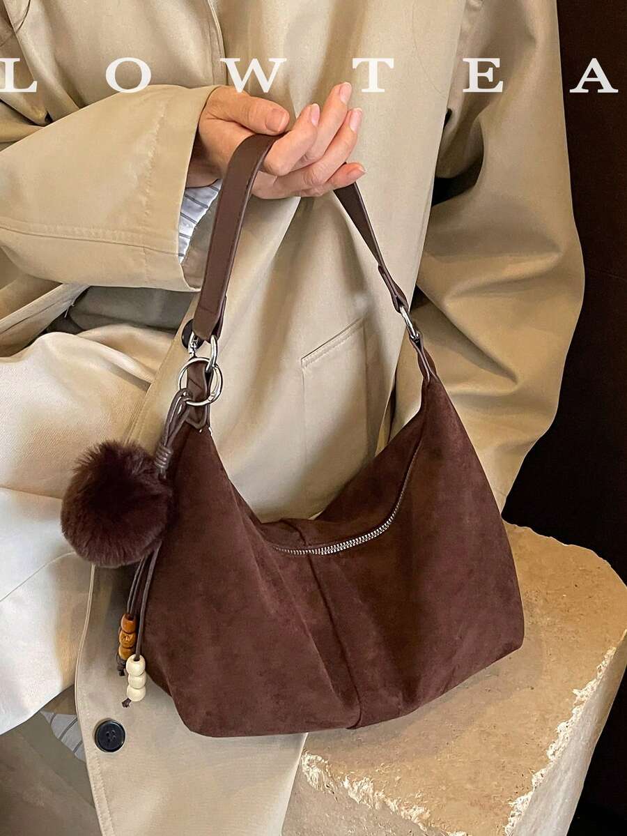low tea 1pc Minimalist Crescent-Shaped Suede Fabric Shoulder Bag, Suitable For Commuting, Shopping, Etc. (With Pendant)