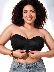1pc Women's Plus Size Bandeau Bra, Lace Cup, Ruched Design, Front Buckle Invisible Strap Bandeau Bra, Comfortable Lift, Seamless Fit - Black - View 6
