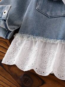 Baby Girl Light Blue Denim Jacket With Double Pockets, White Bow Decor, Frayed Hem, Patchwork Hollow Lace Trim, Sweet Denim Jacket - Light Wash - View 7