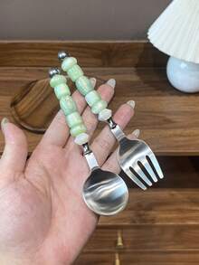 1件/2件 304不鏽鋼創意甜美風珠飾湯匙，下午茶甜點匙、水果叉，適用於餐廳、居家、派對、聚會 - 綠色 - 查看 6