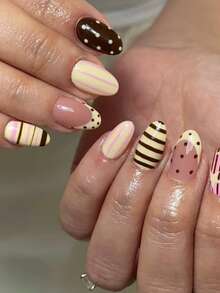 24pcs Short Oval Rainbow French Press-On Nails With Colorful Lines, Polka Dots And Star Patterns, Perfect Fit Acrylic Fake Nails Set, Includes 1pc Jelly Glue And 1pc Nail File, Suitable For Women's Daily And Party Use - Multicolor - View 2