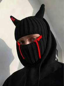 1pc Multicolor Demon Horn Knitted Balaclava Halloween Patchwork Contrast Color Full Face Mask Y2K Gothic Party Cosplay Unisex Warm Face Cover Hat - Multicolor - View 3