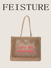 Summer Straw Tote Bag, Embroidered Mesh Beach Bag, Large Woven Shoulder Bag Suitable For Vacation And Daily Use - Khaki - View 2