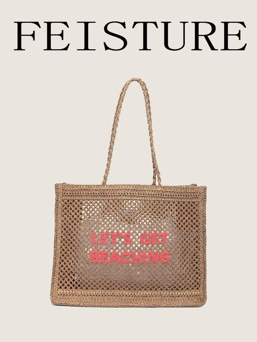 Summer Straw Tote Bag, Embroidered Mesh Beach Bag, Large Woven Shoulder Bag Suitable For Vacation And Daily Use