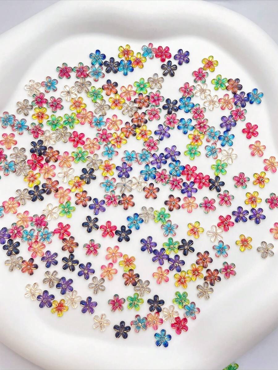 30pcs Random Gradient Holographic Gold Foil 5-Petal Flower Nail Art Charms, Resin 3D Glitter Clear Flower Rhinestones, Small Decorative Accessories For Nails, Phone, Hair Clips, Earrings - Multicolor - View 1