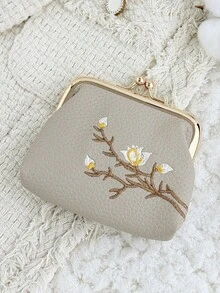 時尚花卉刺繡外觀,多功能且緊湊設計,附夾式開關,便攜式零錢包與卡包 - 灰色 - 查看 4