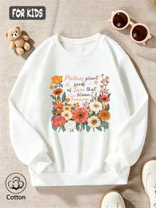 Girls' Cotton Top, Printed, Comfortable, Relaxed-Fit Dropped-Shoulder Sweatshirt, Round-Neck Oversized Sweatshirt - White - View 3