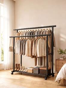 Double‑Rod Floor‑Standing Movable Clothes Rack With Thickened Metal Frame, Universal Casters, Large‑Capacity Garment Hanging, Stable Load‑Bearing, For Both Household Storage And Air‑Drying. - A - View 5