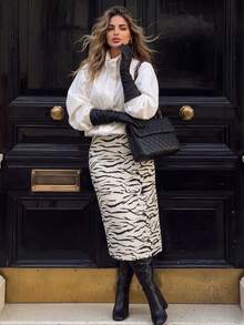 Aflion Women Fall Zebra Print Midi Pencil Skirt, High Waist Back Split Bodycon Skirt For Daily Party Halloween Casual Outfits - Black and White - View 3