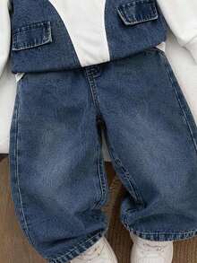 Boys' Letter Print Zip-Up Half-Open Collar Faux Pocket Denim Patchwork Fashion Sweatshirt And Loose Denim Pants With Pockets - White - View 5