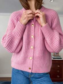 SEREN Comfortable Women's Pink Cardigan, Long Sleeve Regular Fit Crew Neck Sweater, Button Front Design, Suitable For Autumn - Pink - View 5
