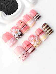 10pcs Handmade Press On Nails, Short Square Pink Brown Fake Nails With 3D Flower Design,Stripe, Cute Y2K Nail Art, Hand Painted Nails, Faux Ongle, Handmade Nails, Nail Stickers, Square Press On Nails, Removable Reusable, Tool Kit Included, Fall Nails - Multicolor - View 1