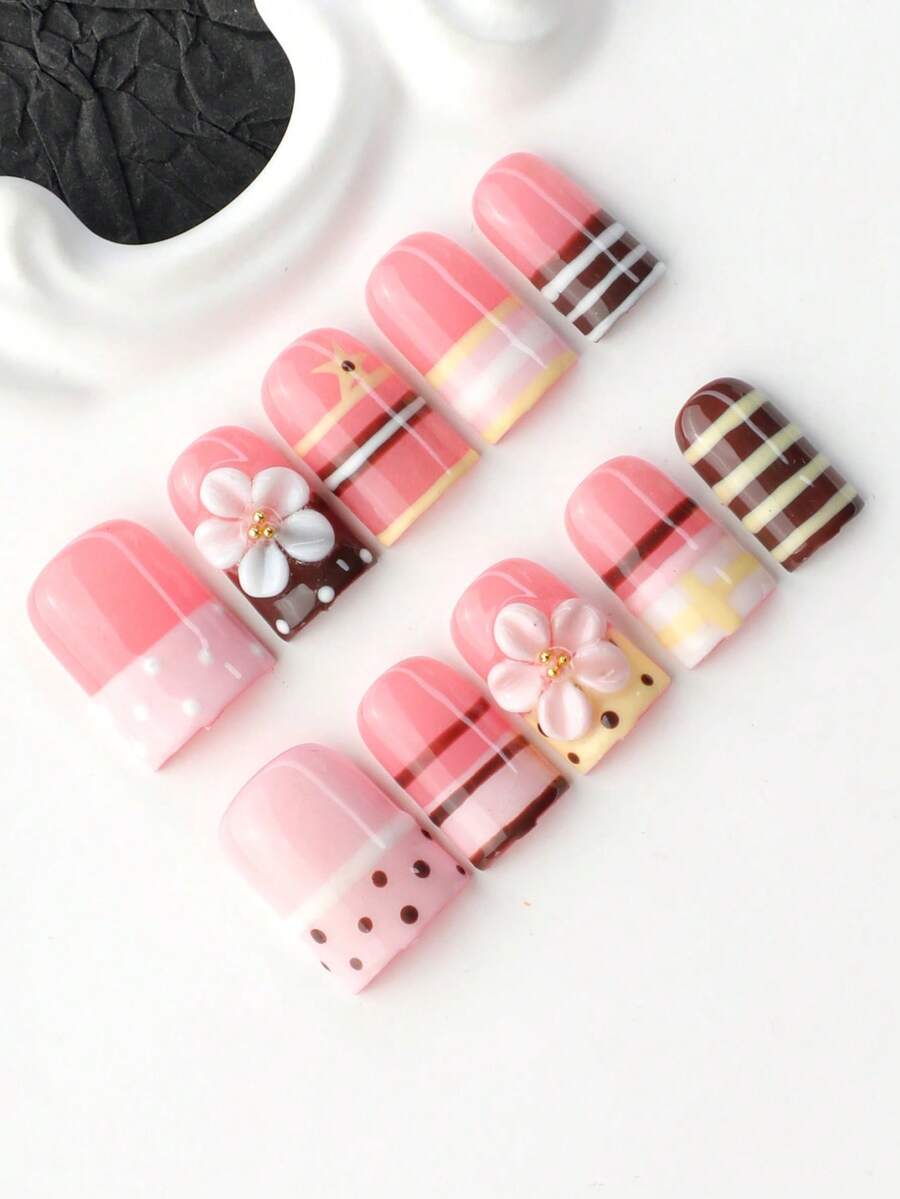 10pcs Handmade Press On Nails, Short Square Pink Brown Fake Nails With 3D Flower Design,Stripe, Cute Y2K Nail Art, Hand Painted Nails, Faux Ongle, Handmade Nails, Nail Stickers, Square Press On Nails, Removable Reusable, Tool Kit Included, Fall Nails - Multicolor - View 1