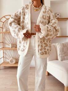 Women's Colorblock Leopard Print Jacquard Ruffle Cuff Autumn/Winter Casual Chic Lazy Versatile Knit Long Sleeve Cardigan - Multicolor - View 5