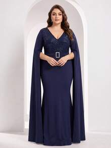 YISIKADO Plus Size Women's Elegant Navy Blue V-Neck Long Dress, Colorblock Sequin Fitted Bodice, With Rhinestone Belt Buckle And Flowing Cape Sleeves - Navy Blue - View 4