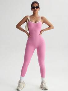 Women's Seamless Yoga-Style Jumpsuit With Built-In Chest Pads, Pink Ribbed Fabric, Criss-Cross Deep V-Neck Hollow Design, Suitable For Daily Wear - Pink - View 4