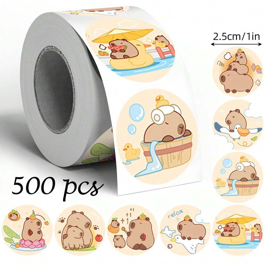 500 buah Stiker Gulung Bergambar Capybara Lucu, Bulat 1 Inci, 8 Pola Berputar, Sempurna untuk Menyegel Kotak Hadiah Kue, Kemasan Suvenir, Scrapbooking, Stiker Hadiah Anak-anak, Kemasan Kreatif, Dekorasi Kios Pasar - MultiWarna - View 1