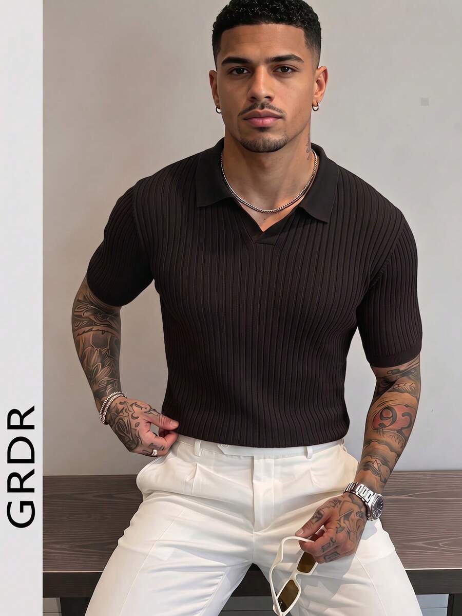 GRDR Men's Summer Solid Color Polo Collar Short Sleeve Knit Sweater, Suitable For Summer Outings, Essential For Fashionable Styling