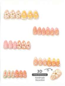 NAIO 10片杏仁形穿戴式假指甲，夏季海灘風，附3D檸檬、貝殼、海星、花朵與魚飾裝飾，珍珠點綴，清新亮面美甲配件，適合女性 - 彩色 - 查看 4