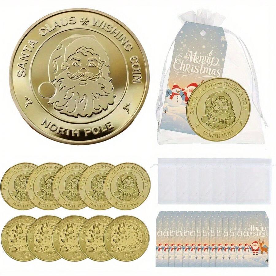 30/15pcs Vintage Style Santa Claus Wishing Coin Party Gift Pack, Christmas Commemorative Metal Coin, Religious Theme, Round Collectible Gift With North Pole & Holiday Design - Santa Claus Commemorative Coin Set - View 1