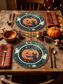 6pcs Halloween & Thanksgiving Round Placemats, Autumn Pumpkin Maple Leaf Turkey Squirrel Print Table Mats, Holiday Atmosphere Decorative Table Pads - Multicolor - View 6