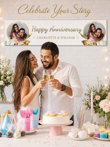 Personalized Photo And Name Anniversary Banner, Custom Couple Portrait Party Sign, Custom Text And Date, Wedding Celebration Decor, Bride And Groom Welcome Banner, Engagement Backdrop, Wedding Reception Decoration, Gift For Couples And Newlyweds - Multicolor - View 6