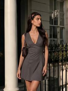 VINOVA Women's Business Casual V-Neck Pinstripe Sleeveless Mini Dress, Suitable For Office Commute Summer Professional Workplace Style Dress - Brown - View 1