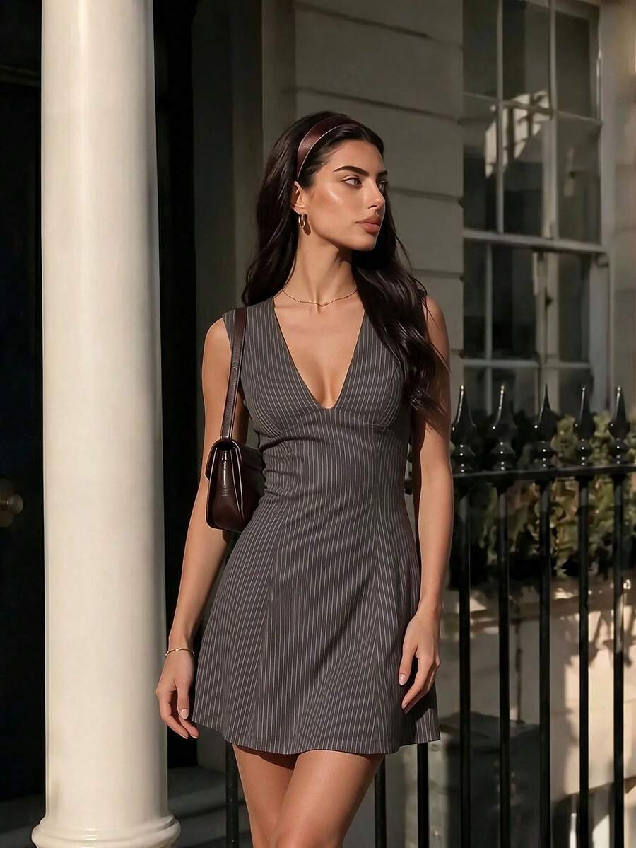 VINOVA Women's Business Casual V-Neck Pinstripe Sleeveless Mini Dress, Suitable For Office Commute Summer Professional Workplace Style Dress - Brown - View 1