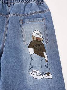Tween Boy Spring Cartoon Graphic Pocket Casual Daily Denim Jeans - Blue - View 7