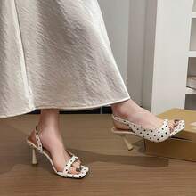 White Polka Dot Square Toe Slingback Heels - Sweet Elegant Summer Open Toe Mules For Tea Party, Wedding Guest & Afternoon Stroll - White - View 5