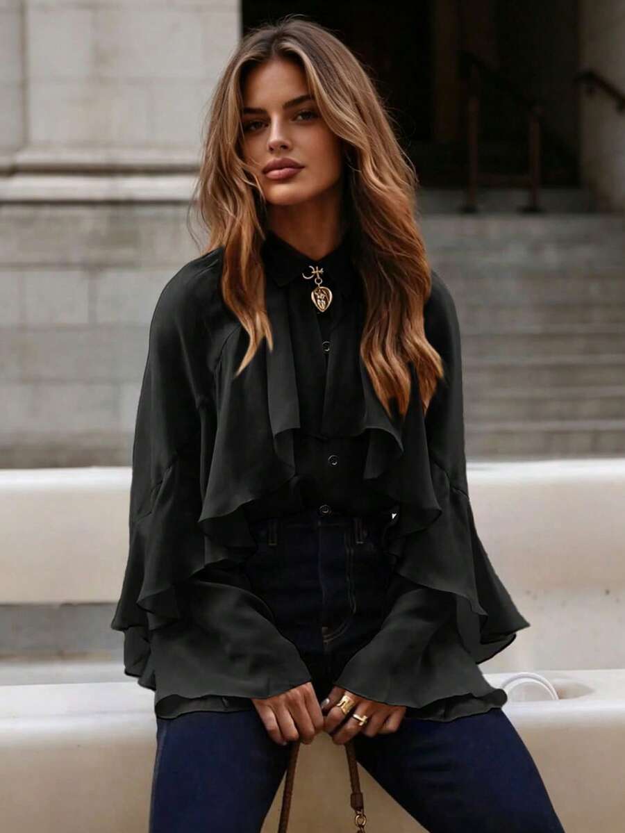 Spring/Autumn Ruffle Trim Chiffon Loose Blouse, Minimalist Date Style, Commute & Daily Wear - Black - View 1