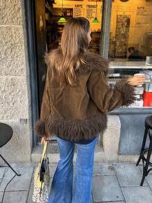 Women's Autumn/Winter Coffee Color New Vintage Faux Fur Trim Suede-Style Short Jacket, Retro Lapel, Fluffy Faux Fur Collar, Daily Commute Fall - Coffee Brown - View 2