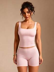 XLLAIS Women's Solid Color Square Neck Sleeveless Tank Top, Casual Fit, Pink Blouse Suitable For Valentine's Day Summer - Pink - View 3